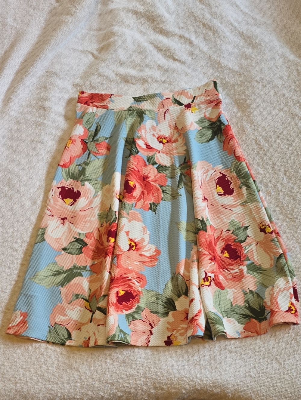 Faith and Joy Pastel Blue Floral Skater Skirt with Coral and Blush Blooms